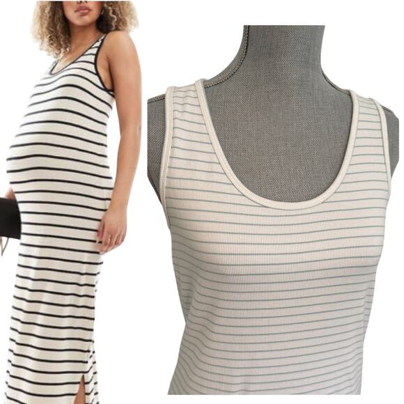 Mamalicious Maternity Ribbed Tank Jersey Midi Dress White Green Stripes Size L - Picture 1 of 7